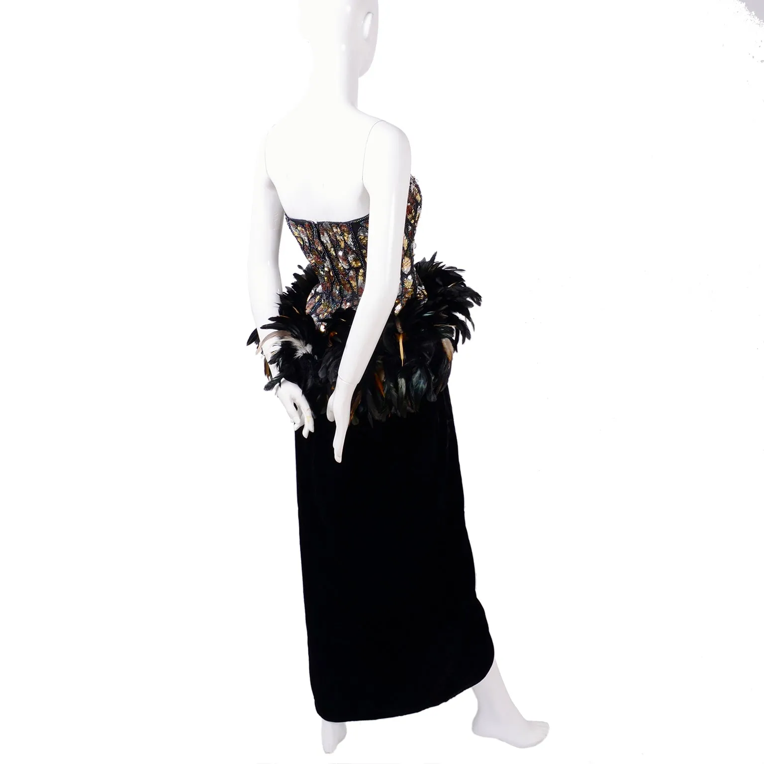 1980s Victor Costa Velvet Vintage Evening Gown w/ Sequins & Feathers