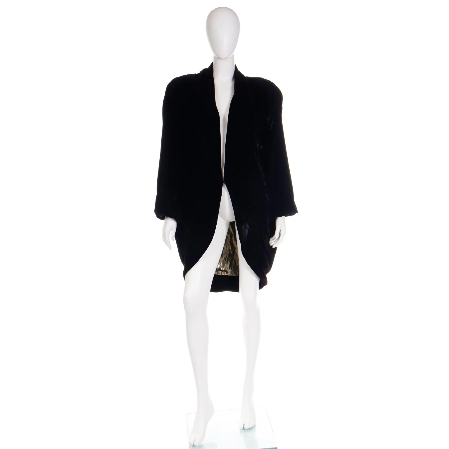 1980s Vintage Karen Okada Black Velvet Coat w Gold Lame Lining