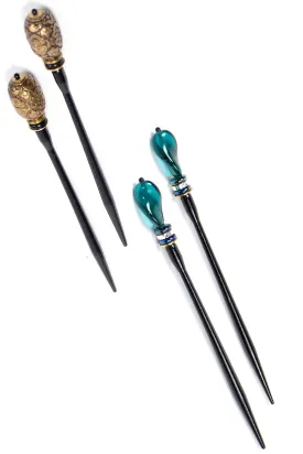 1980s Vintage Mei Fa Hair Sticks Gold Baroque & Green Murano Glass