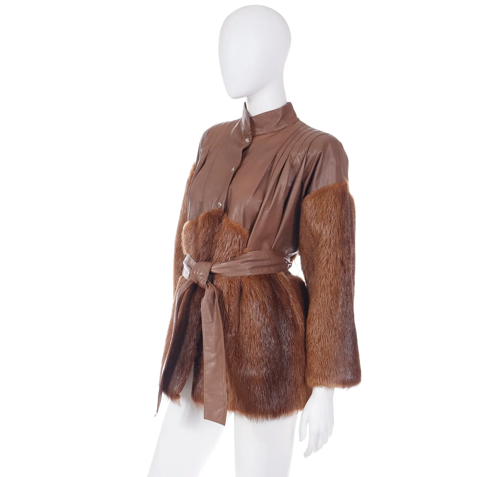 1980s Yves Saint Laurent Fourrures Brown Leather Jacket W Fur