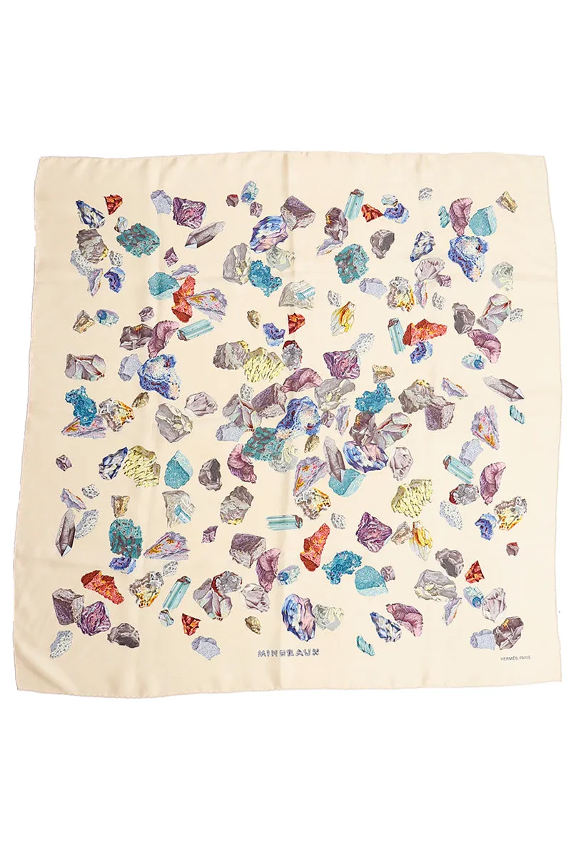 1990s Hermes "Minéraux" by Hugo Grygkar Silk Scarf w Colorful Gemstones