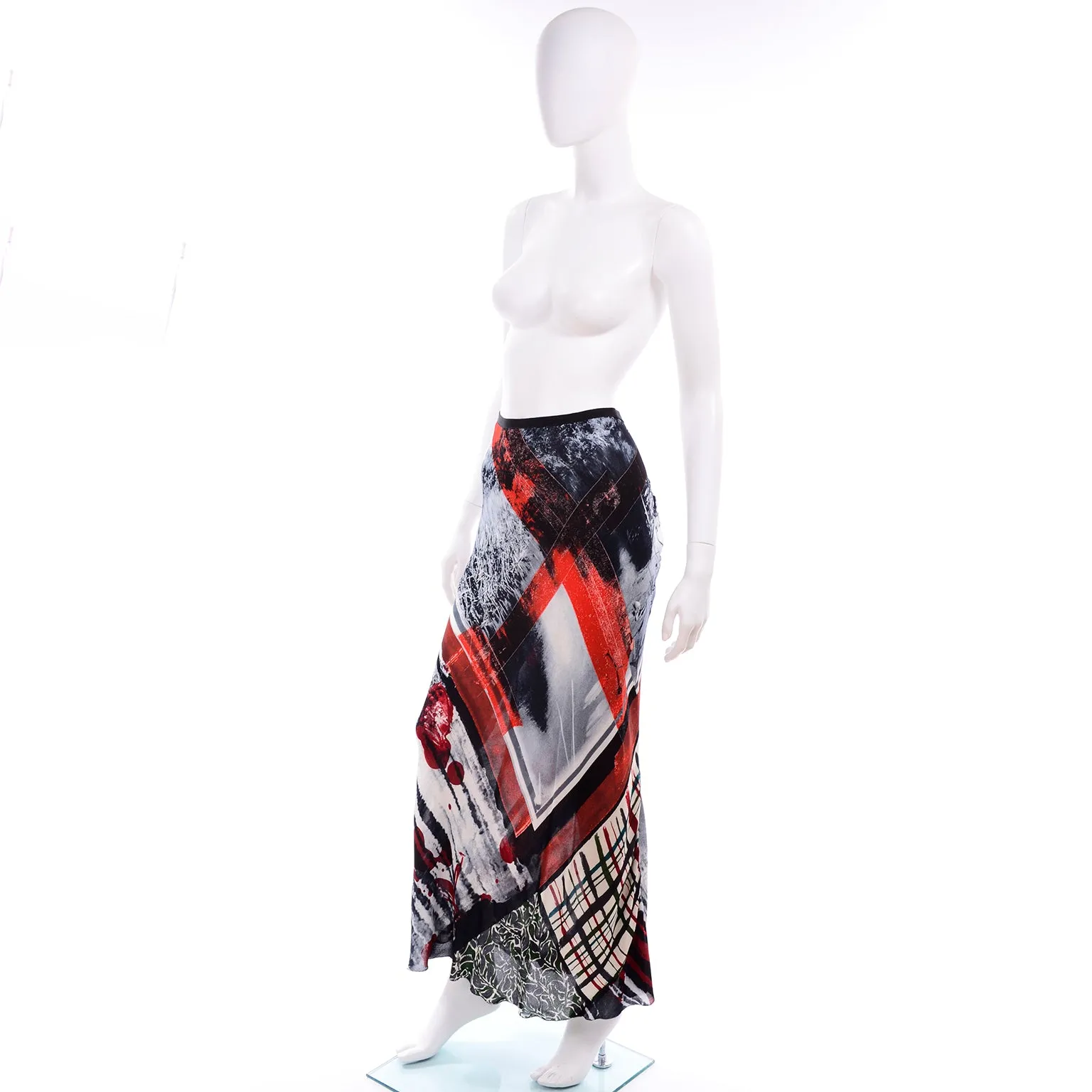 1990s Jean Paul Gaultier Semi Sheer Abstract Red & Black Maxi Skirt