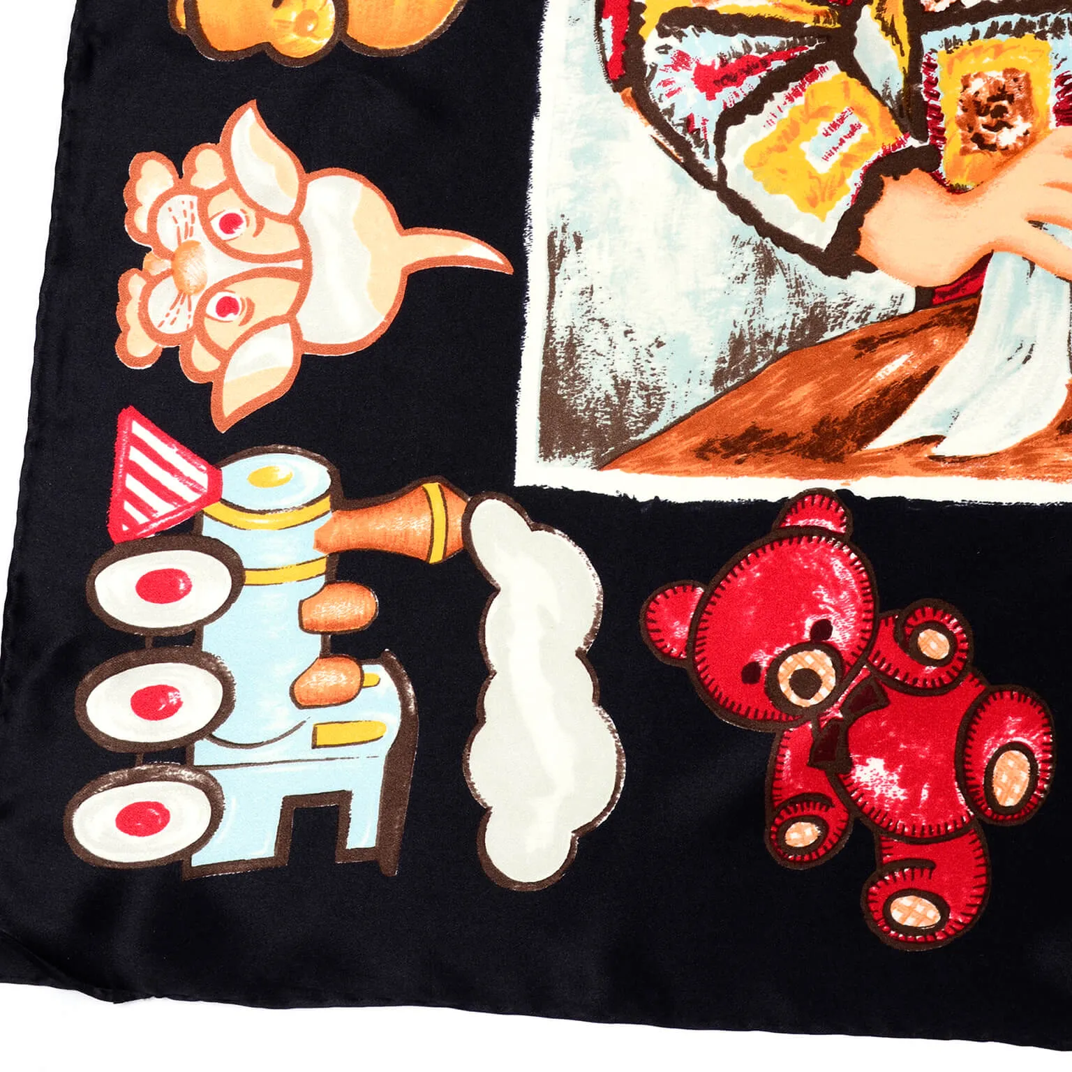 1990s Moschino Vintage "Moschigliani" Novelty Art Scarf w/ Toy Border