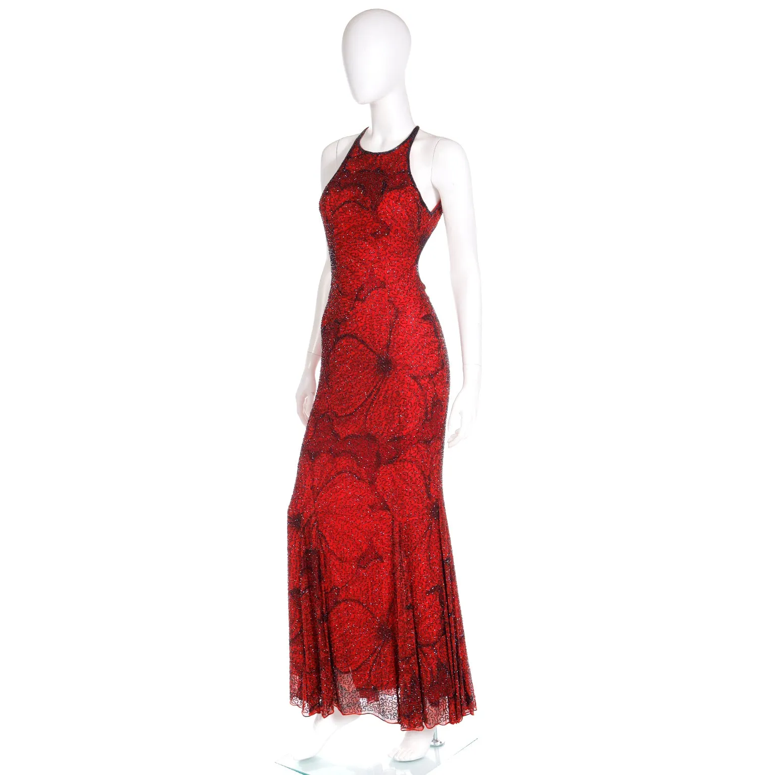 1990s Vintage Red Halter Evening Gown With Black Beaded Flowers