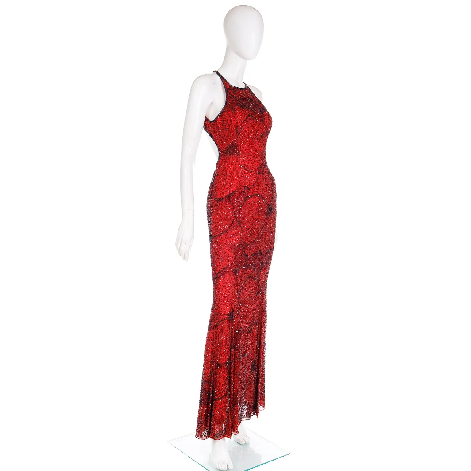 1990s Vintage Red Halter Evening Gown With Black Beaded Flowers