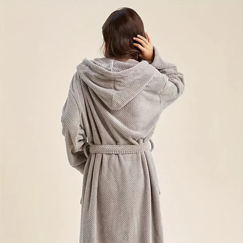 1pc Unisex Hooded Bathrobe, Comfortable Long Sleeve Long Bathrobe, Waist Tie Style Loungewear, Soft Long Robe For Home, Bathroom Supplies