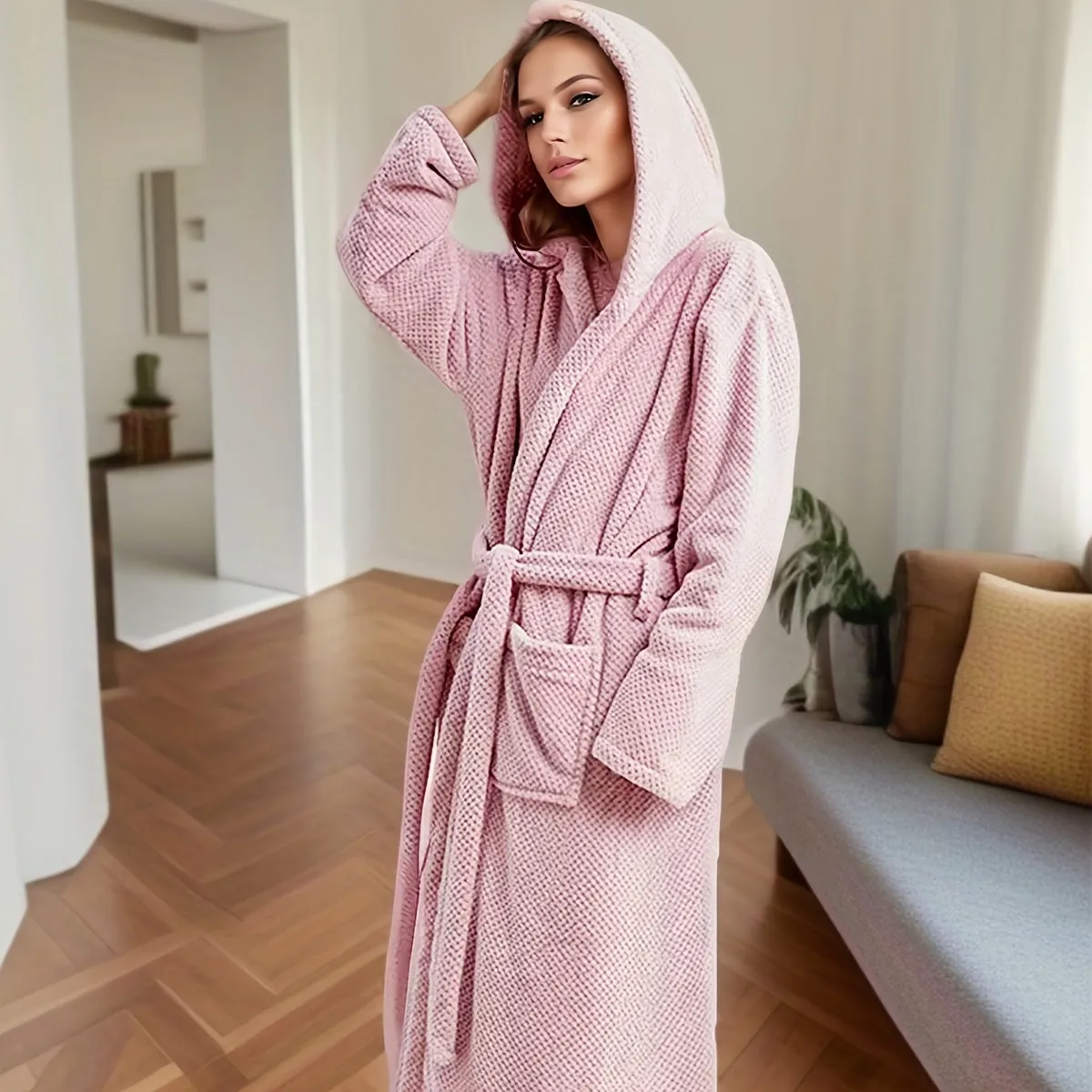 1pc Unisex Hooded Bathrobe, Comfortable Long Sleeve Long Bathrobe, Waist Tie Style Loungewear, Soft Long Robe For Home, Bathroom Supplies