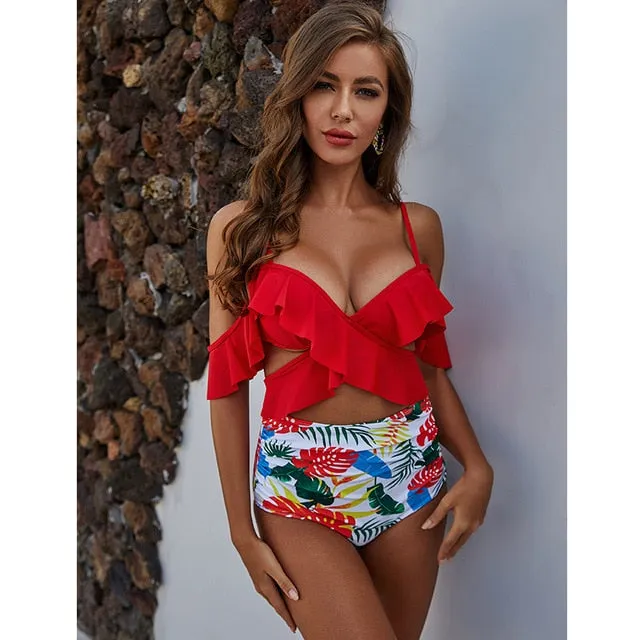 2 Piece Ruffle High Waist Bikini Swimwear Women Swimsuit Cross Bikini Set Off The Shoulder Bathing Suits Summer Beach Wear