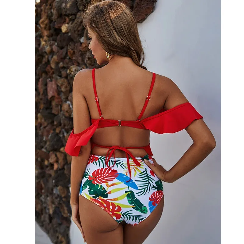 2 Piece Ruffle High Waist Bikini Swimwear Women Swimsuit Cross Bikini Set Off The Shoulder Bathing Suits Summer Beach Wear