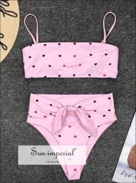 2 Piece Swimsuit Bandeau Bikini High Waisted - Pink with Red Hearts Print