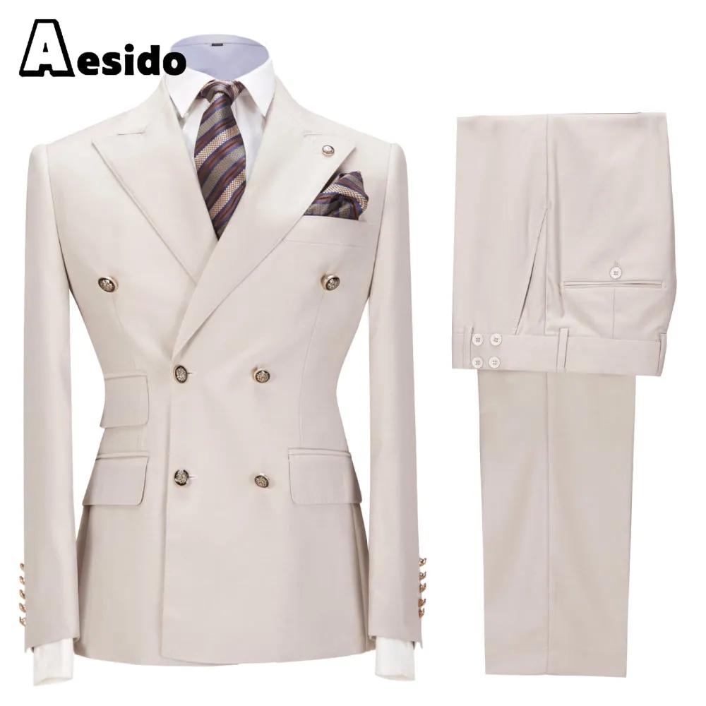 2 Pieces Business Mens Suit Slim Fit Peak Lapel Flat Blazer For Wedding (Blazer Pants)