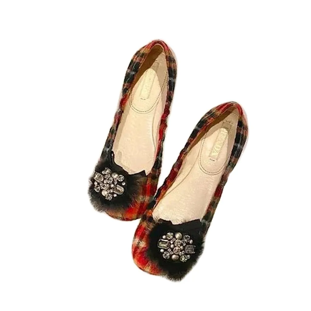 2000s PRADA TARTAN WOOL JEWELED EMBELLISHED BALLERINA FLATS