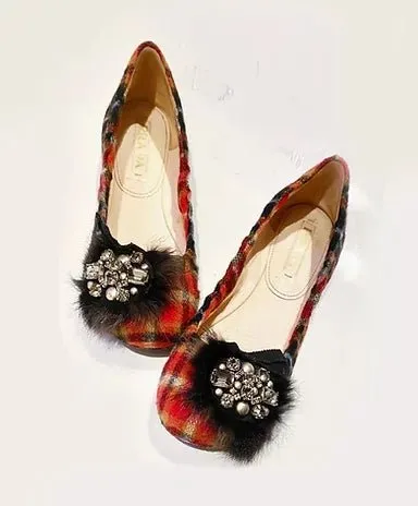 2000s PRADA TARTAN WOOL JEWELED EMBELLISHED BALLERINA FLATS