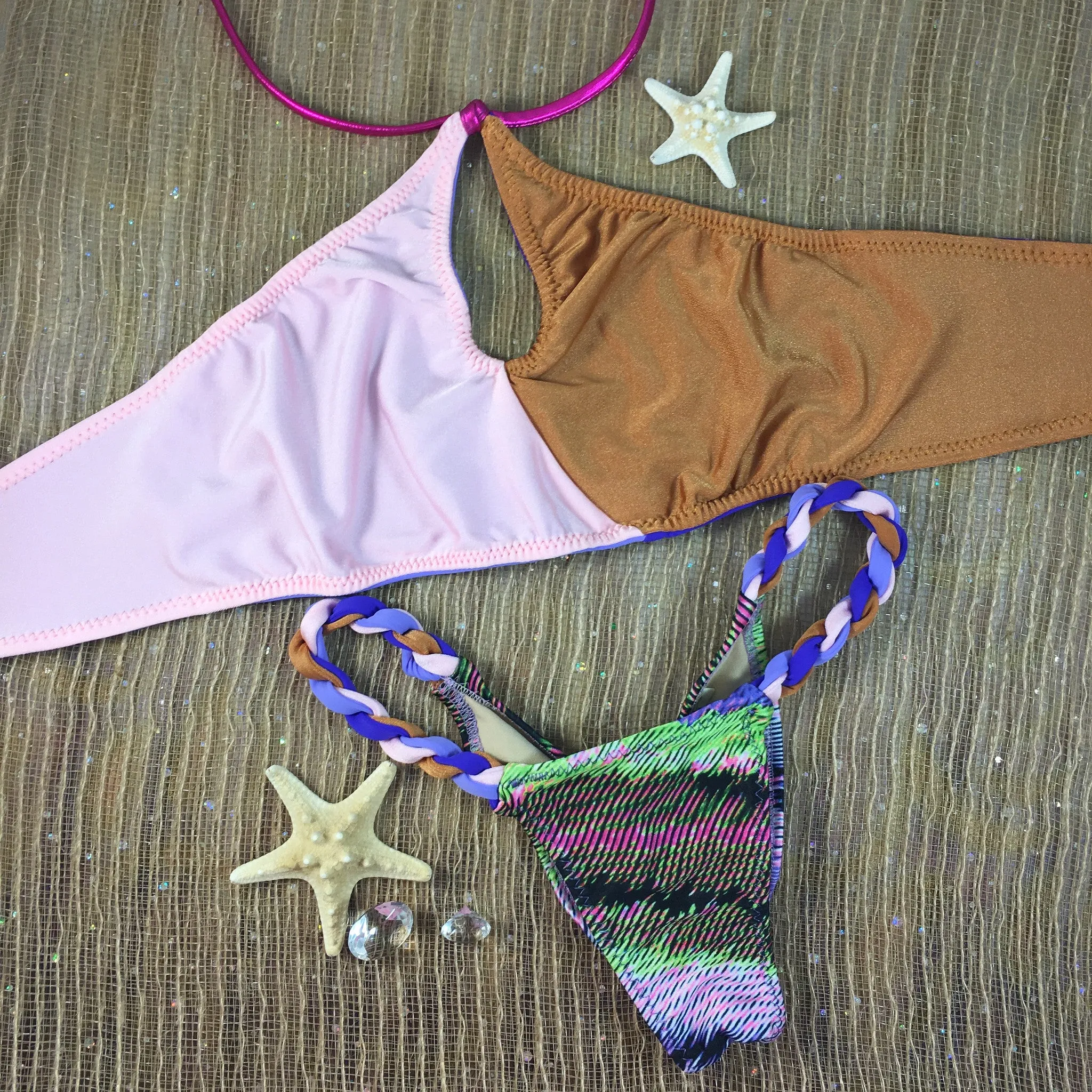 2017 Pink/Lavendar/Purple Rope Sporty Circle 2:1 Flip It Reversible Bikini Micro Cheeky