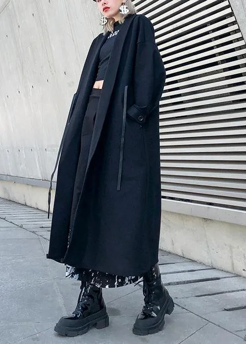 2019 black woolen overcoat plus size winter Notched tie waist coat