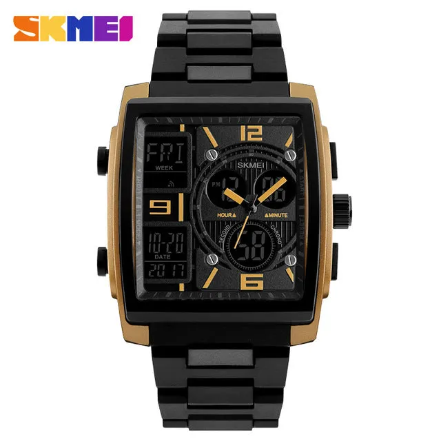 2020 New SKMEI Luxury Men Watches Man Analog Quartz Electronic Watch Black Steel Band Dual Display Waterproof Wristwatches