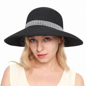 210-a Straw hat with bow back in sand or black with adjustable fit