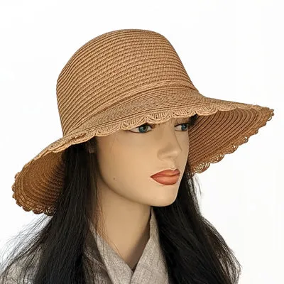 214 Pretty straw travel hat with scalloped edge, wide brim, three colours