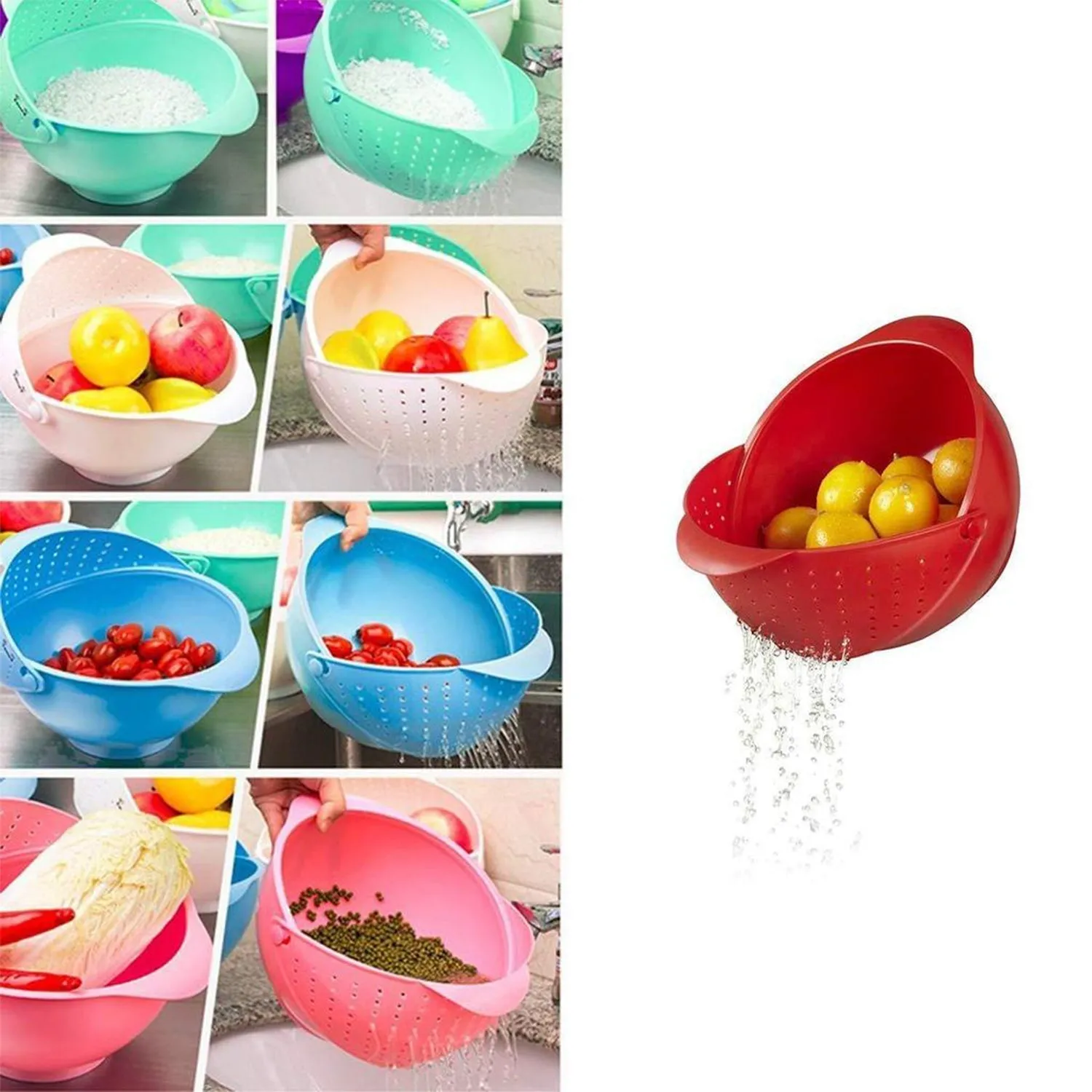 2145  Plastic Revolving Multi Functional Rice, Vegetable Fruit Wash Basket Bowl (Multi Colour)