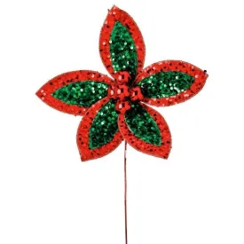 22" Red/Emerald Green Sequin Poinsettia Stem