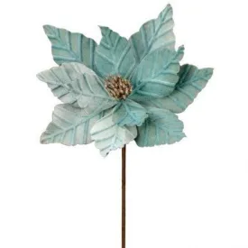 24" Velvet/Glitter Poinsettia Stem: Aqua Blue