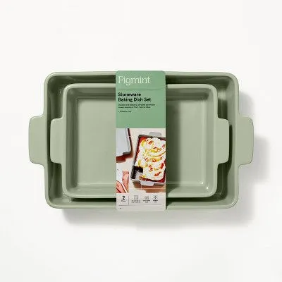 2pc Stoneware Rectangle Baking Dish Set Sage Green - Figmint