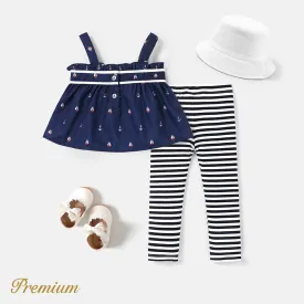 2pcs Baby Girl Anchor Sailboat Print Bow Front Cami Top and Striped Leggings Set