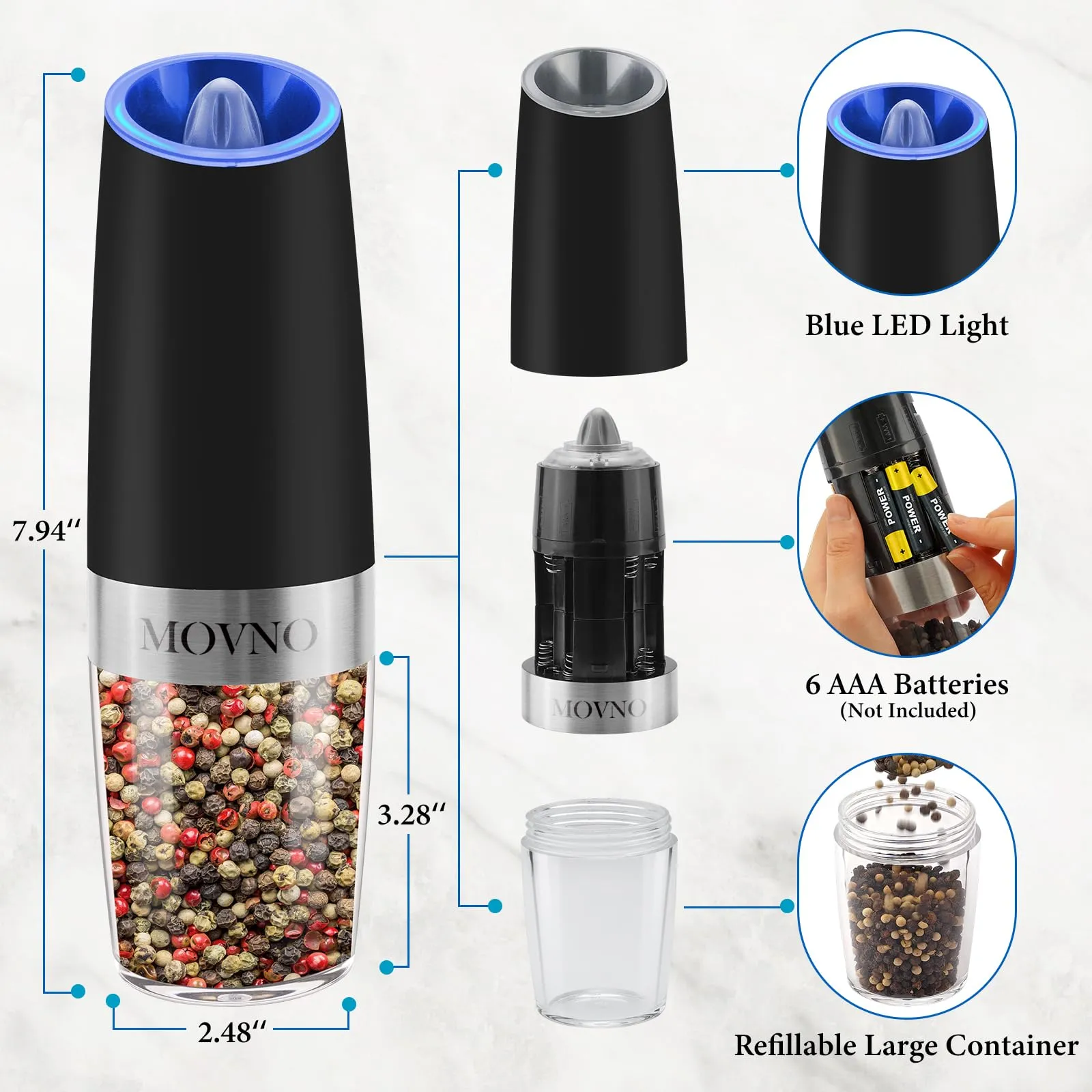 2Pcs Gravity Electric Salt and Pepper Grinder Set, Battery Powered LED Light One Hand Automatic Operation, Adjustable Coarseness Mill Grinders Shakers Black, Kitchen Gadgets Gift Ideas