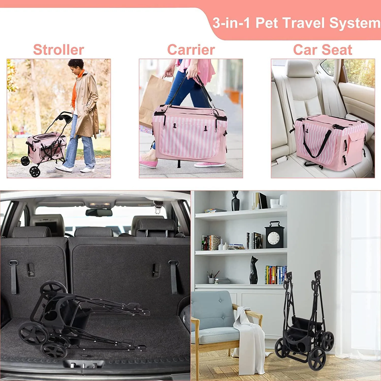 3-in-1 Folding Travel Pet Carrier Dog Cat Stroller with Water Cup Holder, Pink