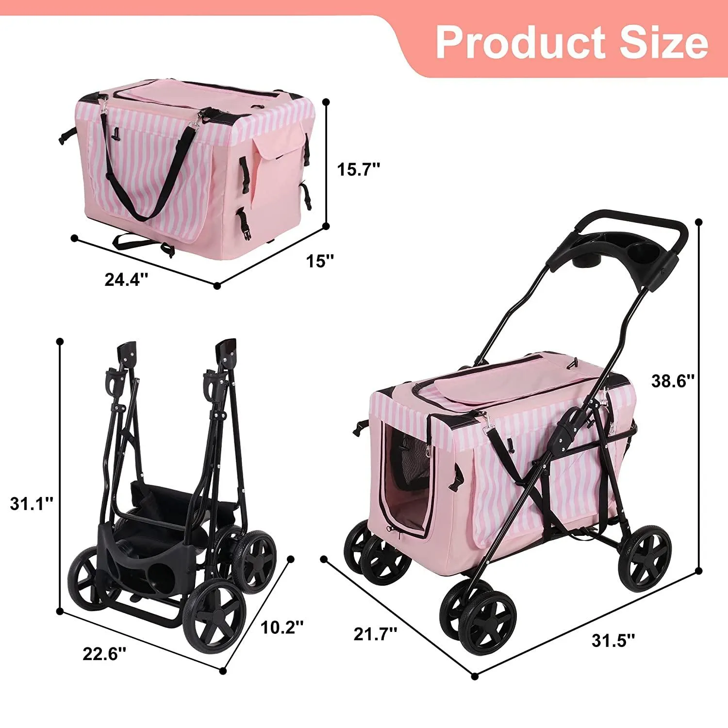 3-in-1 Folding Travel Pet Carrier Dog Cat Stroller with Water Cup Holder, Pink