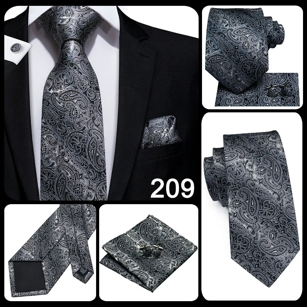 3 Piece 8.5cm Business Black Solid Paisley 100% Silk Men's Tie Neck Strip Tie Formal Luxury Wedding Neckties Set