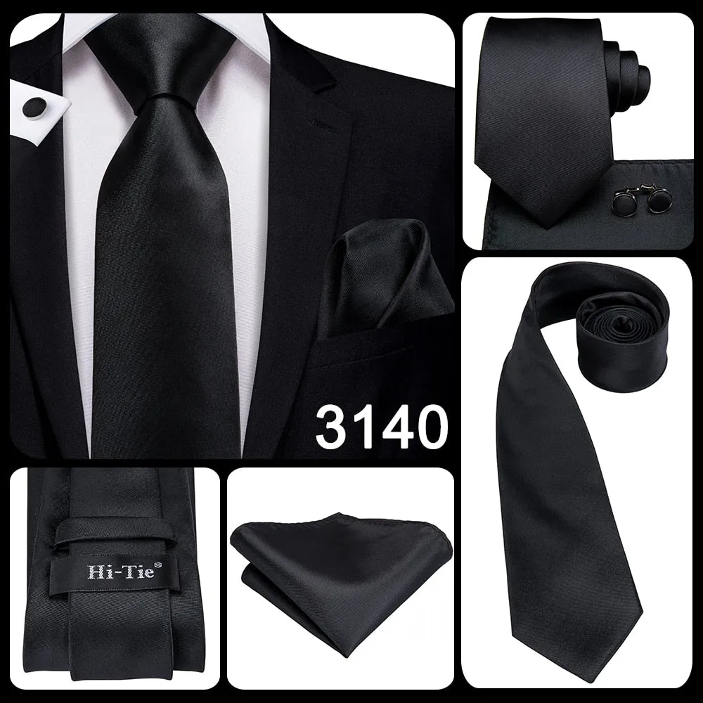 3 Piece 8.5cm Business Black Solid Paisley 100% Silk Men's Tie Neck Strip Tie Formal Luxury Wedding Neckties Set