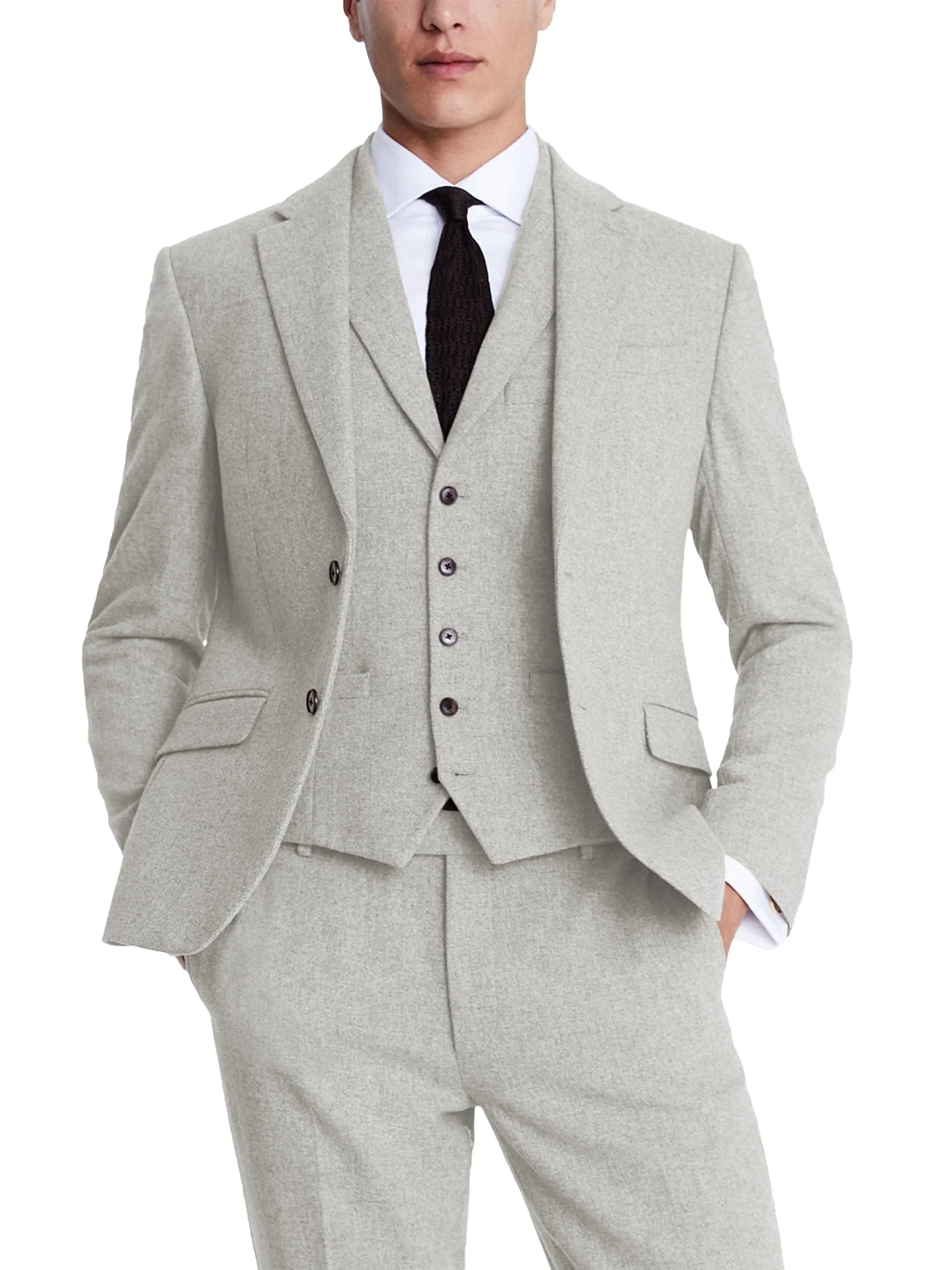 3 Piece Business Casual Double Button Notch Lapel Tweed Men Suit (Blazer Vest Pants)