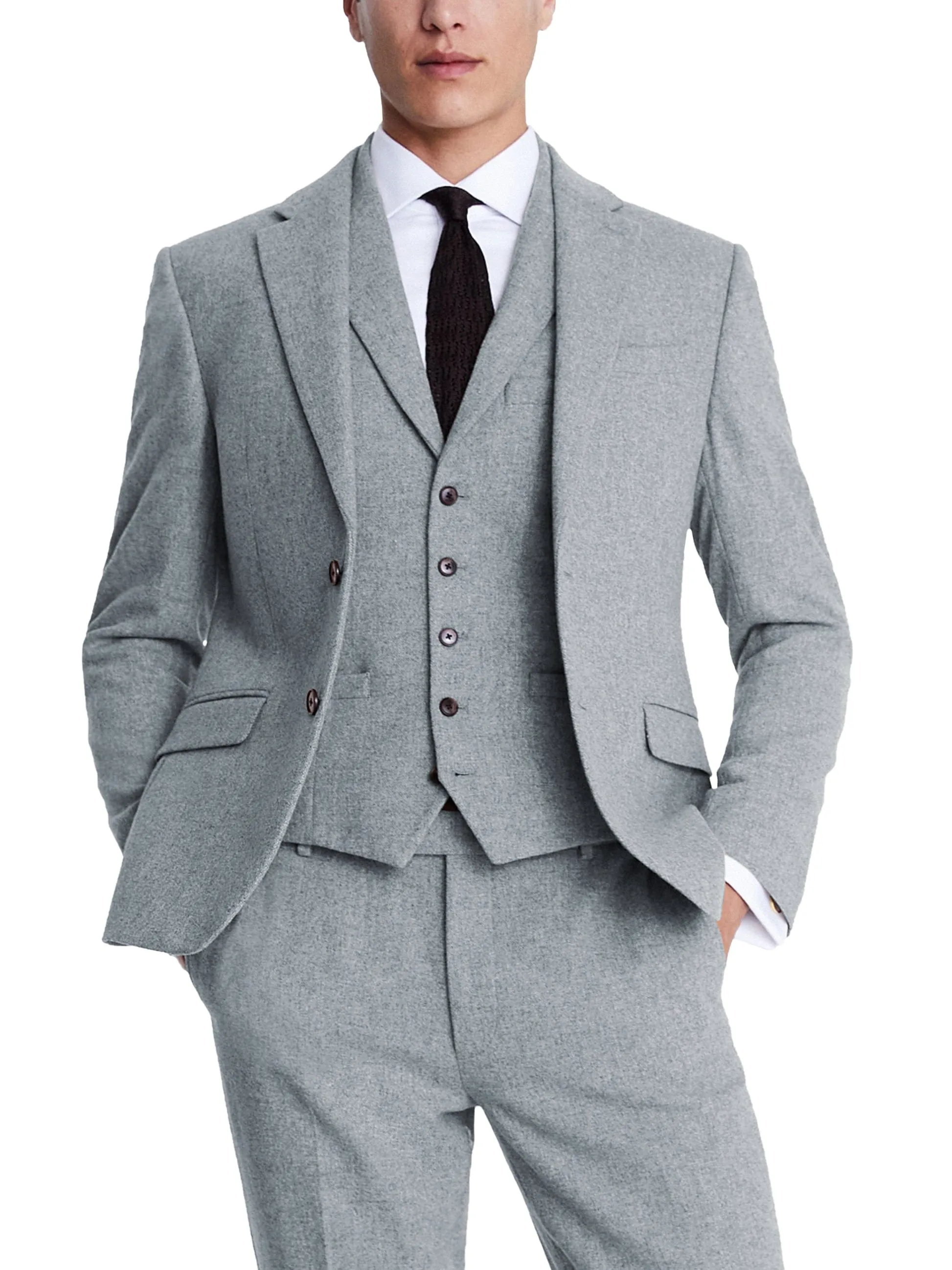 3 Piece Business Casual Double Button Notch Lapel Tweed Men Suit (Blazer Vest Pants)