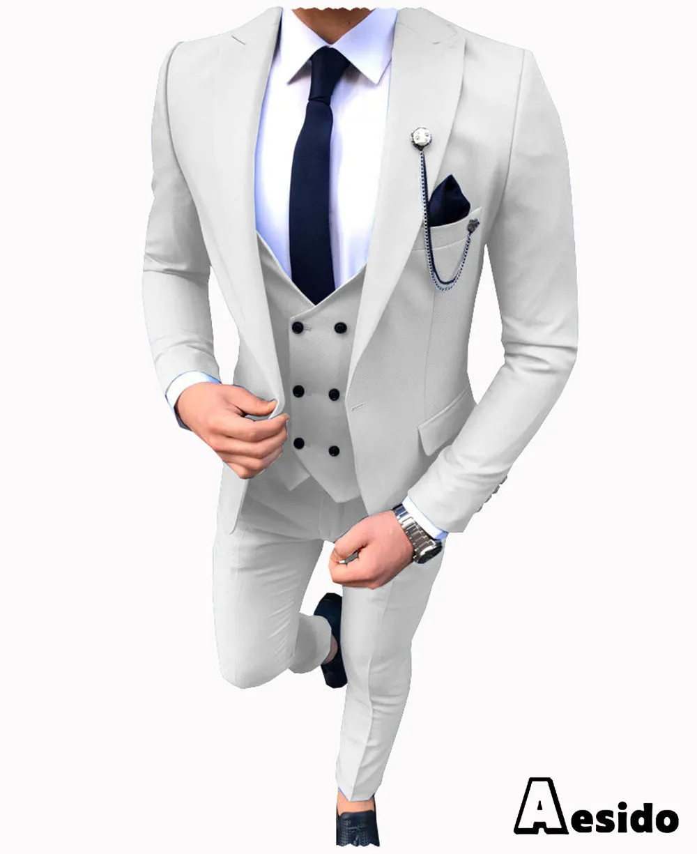 3 Pieces Business Mens Suit Slim Fit Notch Lapel Flat Blazer For Wedding (Blazer vest Pants)