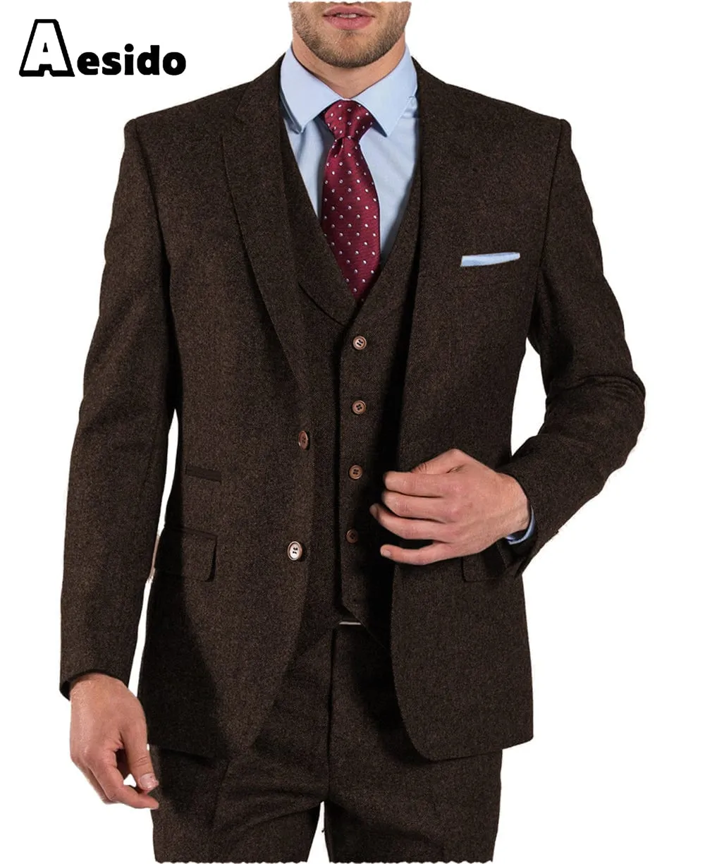 3 Pieces Business Peack Lapel Tweed Men Suit (Blazer Vest Pants)