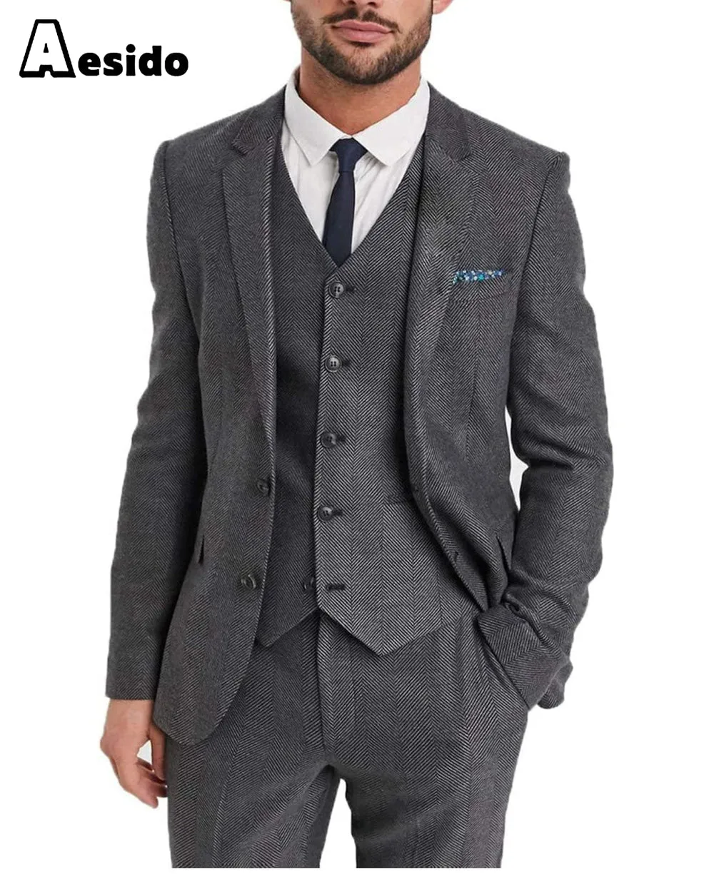 3 Pieces Mens Suit Herringbone Notch Lapel Blazer For Wedding (Blazer vest Pants)