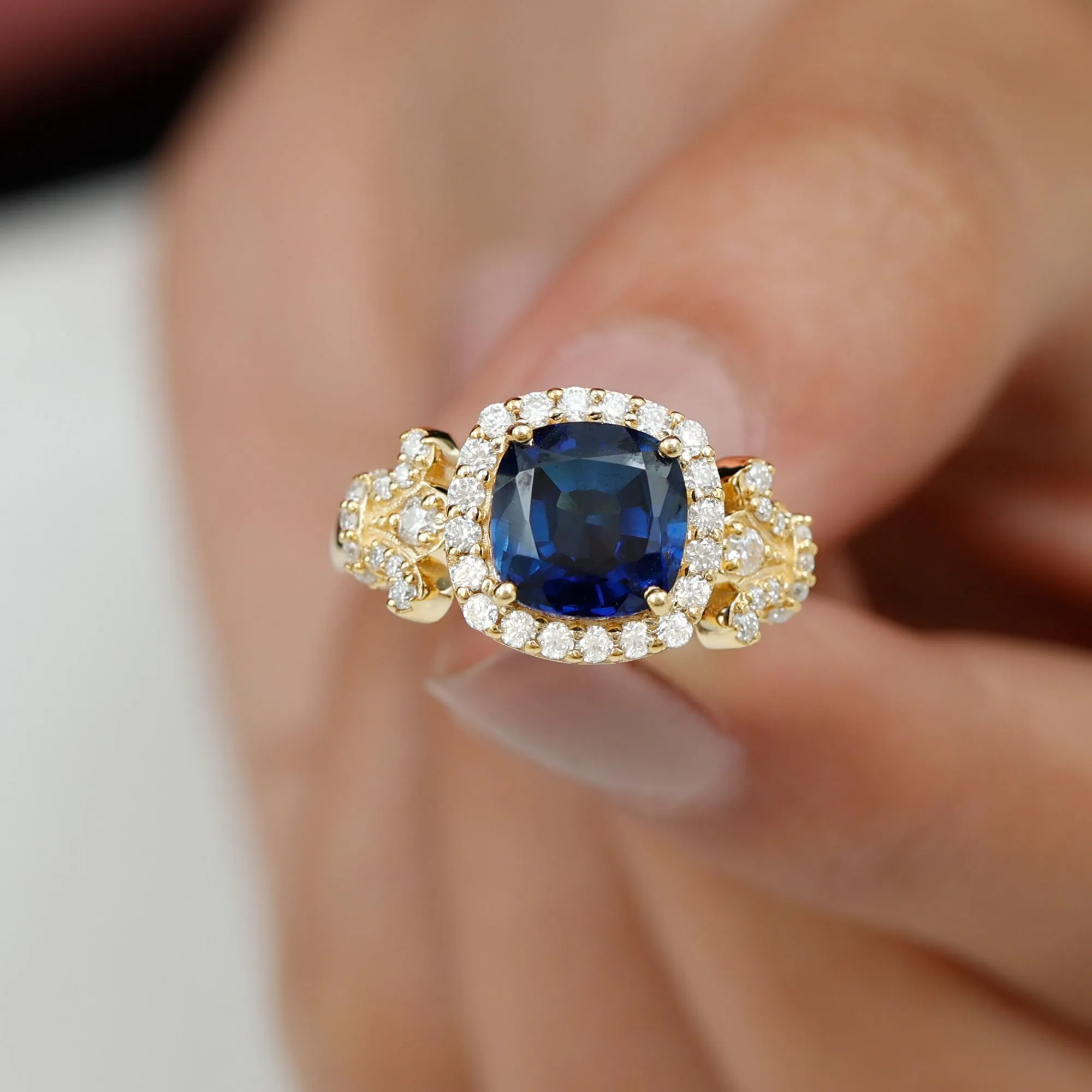 3.5 CT Cushion Cut Created Blue Sapphire Engagement Ring with Diamond Accent