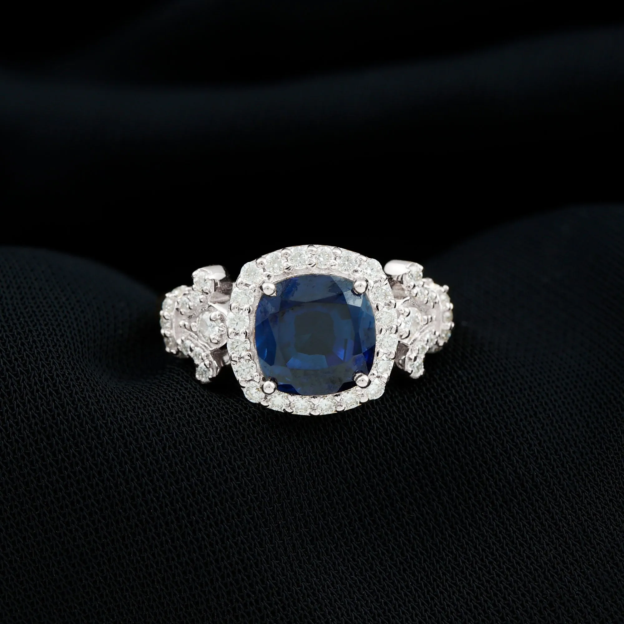 3.5 CT Cushion Cut Created Blue Sapphire Engagement Ring with Diamond Accent