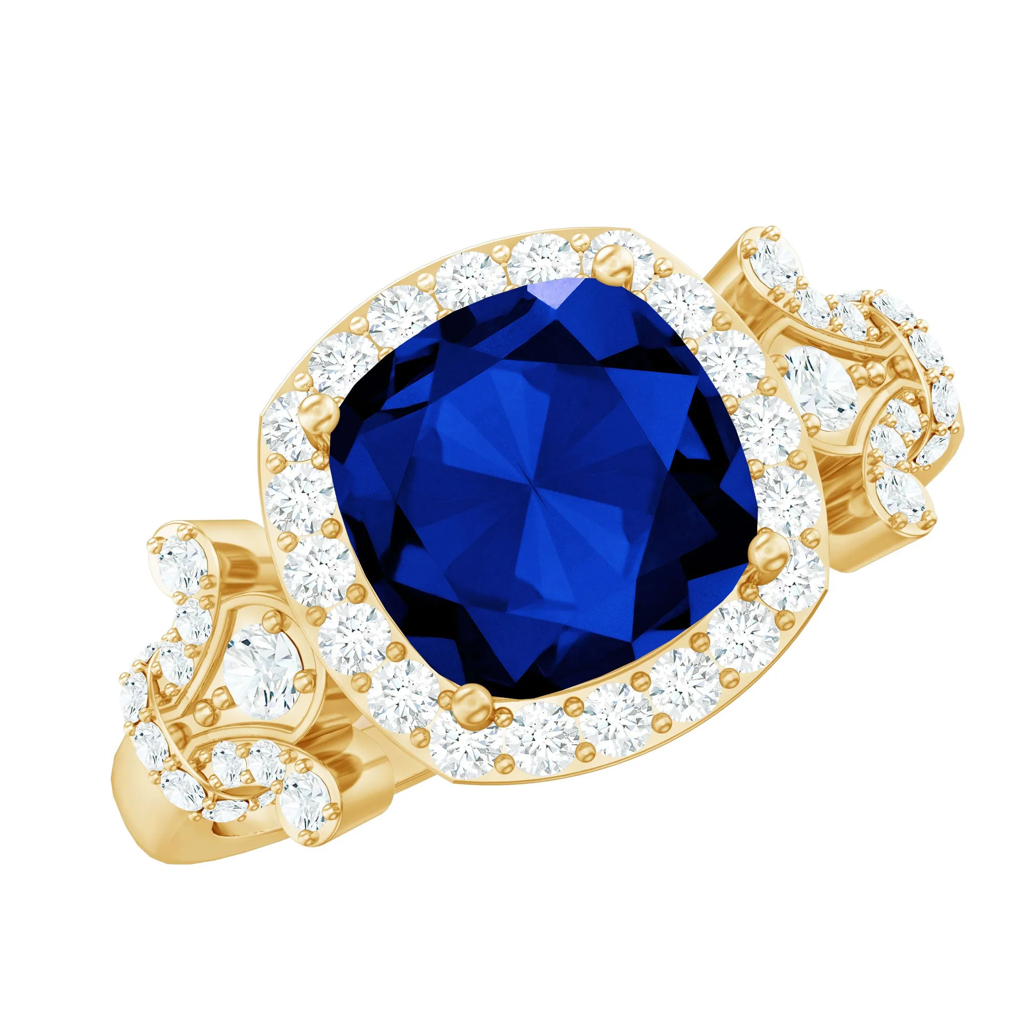 3.5 CT Cushion Cut Created Blue Sapphire Engagement Ring with Diamond Accent