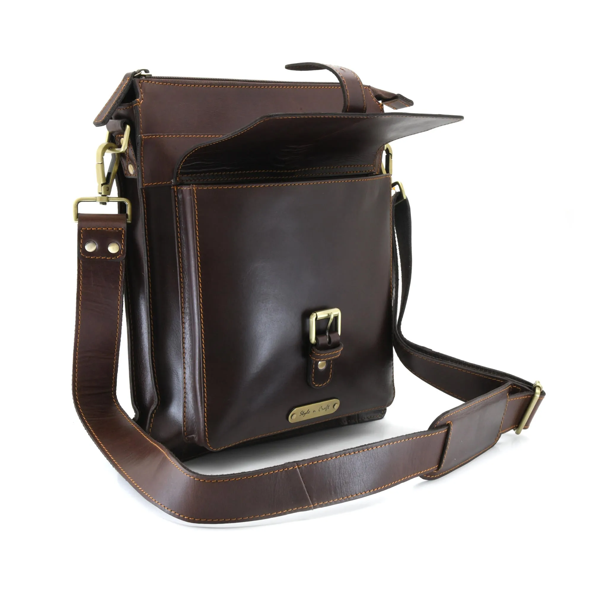 392002 Tall Cross Body Satchel Bag in Dark Brown Full Grain Leather | Style n Craft