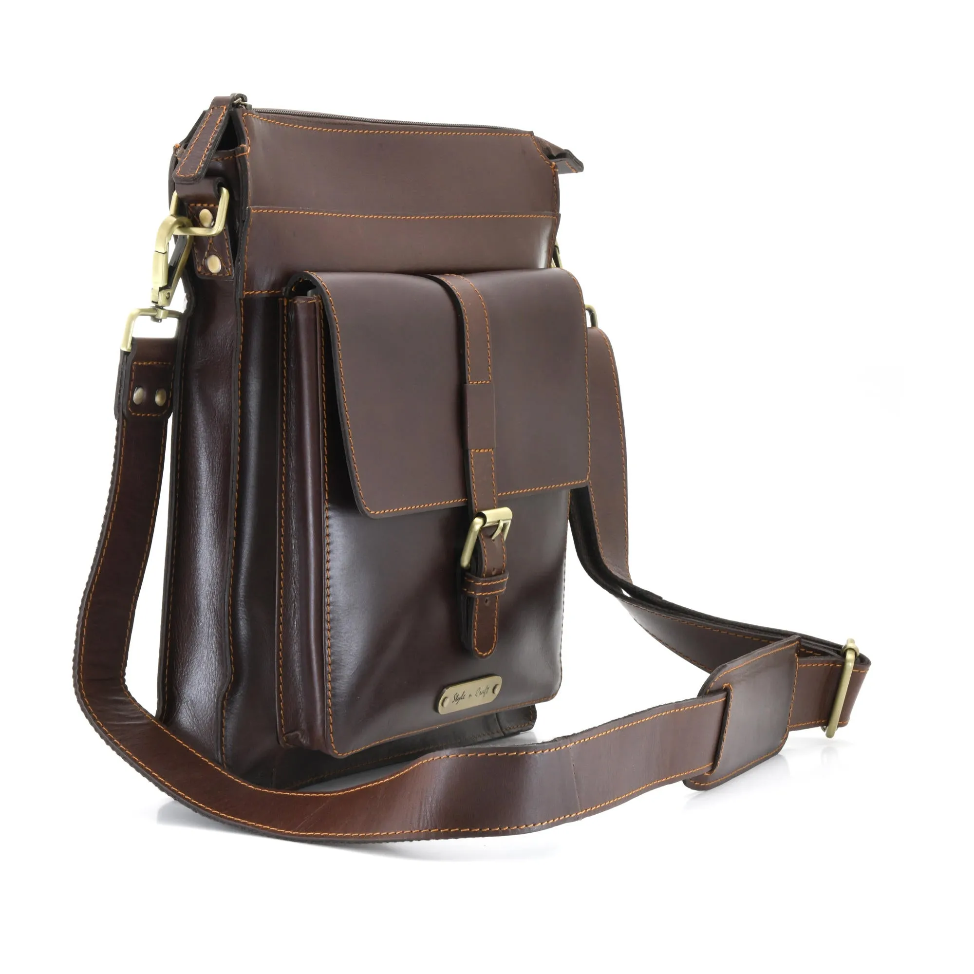 392002 Tall Cross Body Satchel Bag in Dark Brown Full Grain Leather | Style n Craft