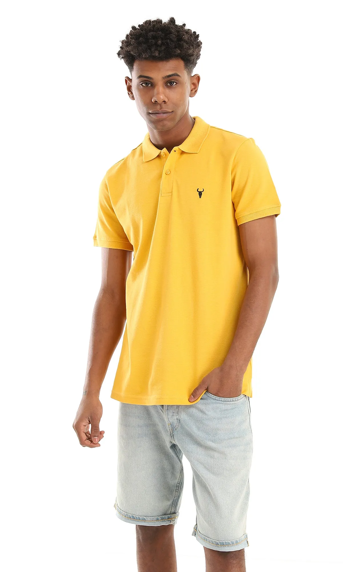 39405 Basic Mustard Buttoned Neck Polo Shirt