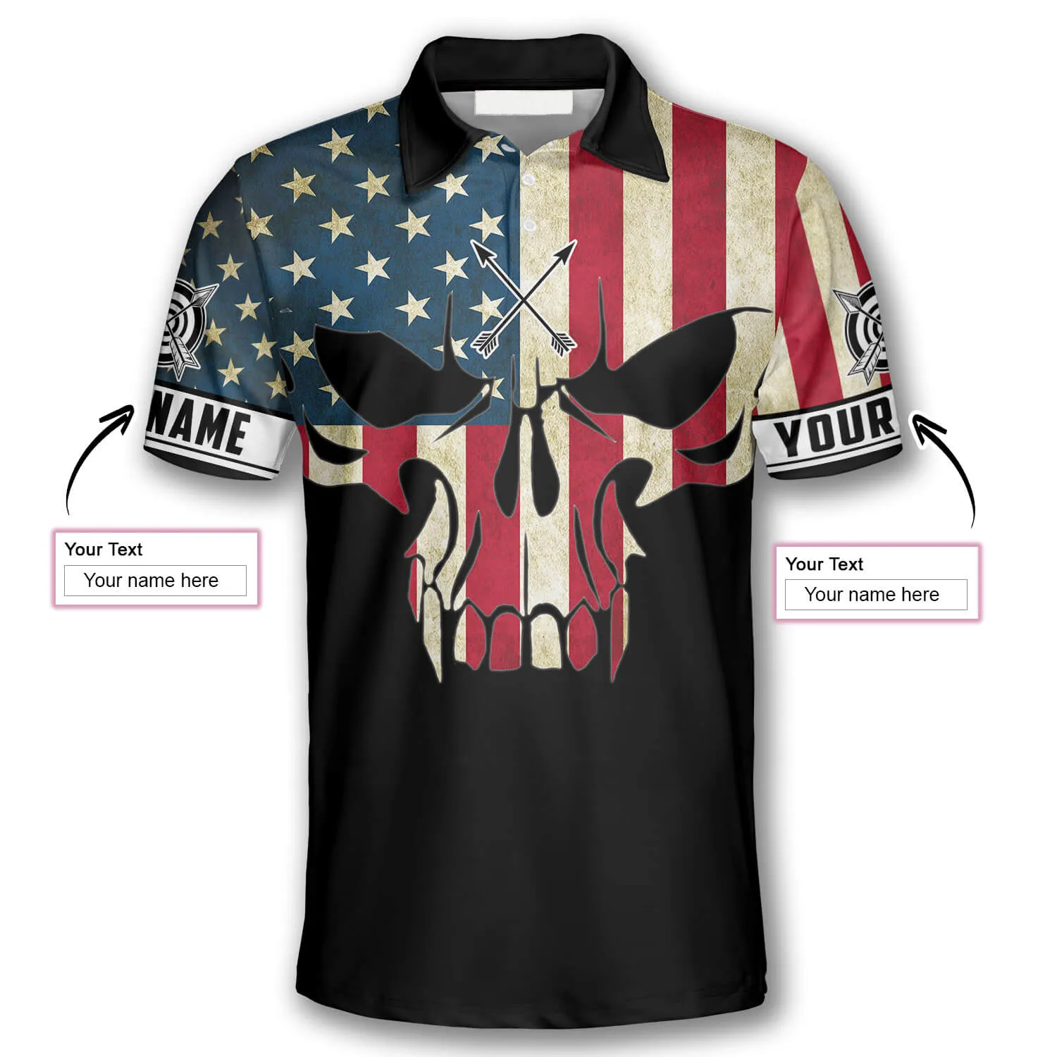 3D All Over Print Archery Skull American Flag Custom Archery Polo Shirts for Men, Skull Shirt