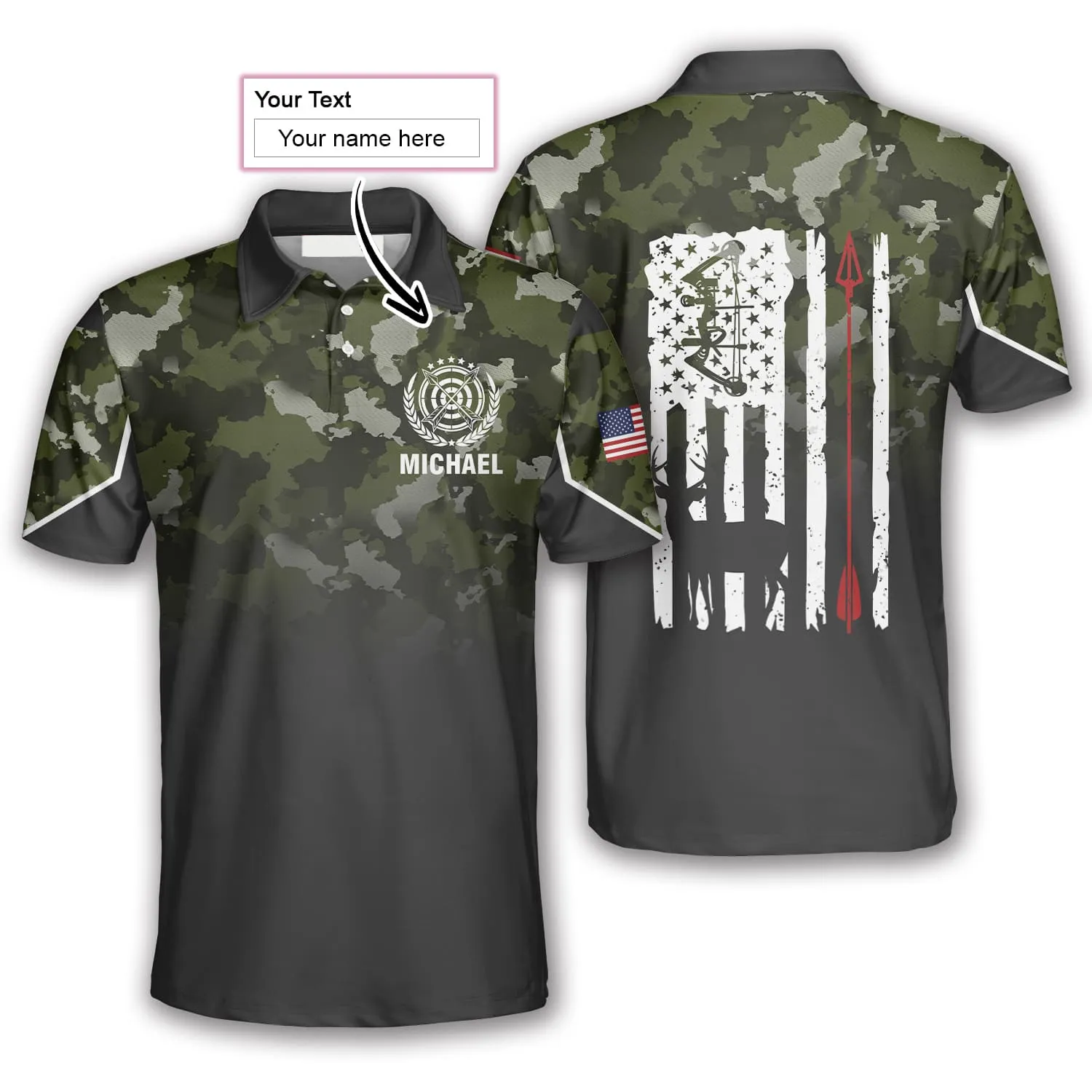 3D All Over Print Gradient Camo American Flag Custom Archery Polo Shirts for Men