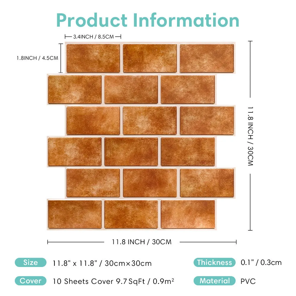 3D Ceramic Orange Brick Peel and Stick Wall Tile