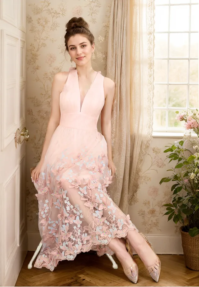 3D Floral lace skirt tulle bodice V-neck tea-length prom dress