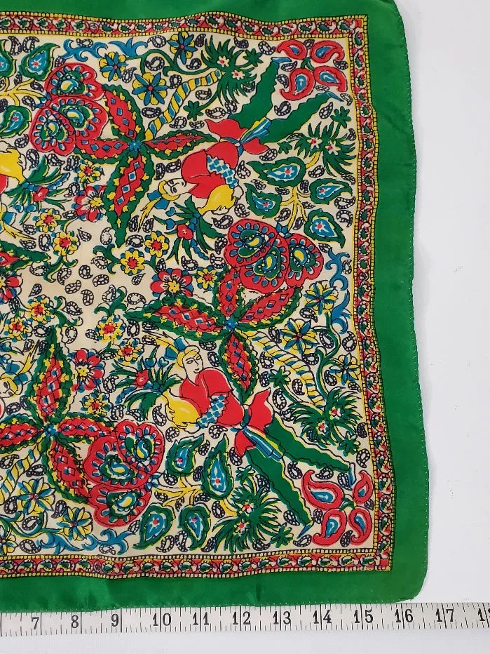 40s Colorful Silk Scarf With Ethnic Print