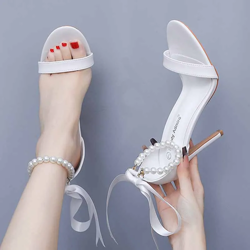 4.13" Pearls Bride Sandals Lace-Up Ankle Strap Heels Bridal Wedding Shoes