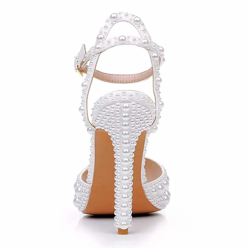 4.41" Pearl Wedding Sandals Vintage Peep Toe Stiletto Heeled Shoes